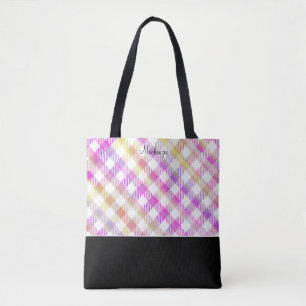 Bolsa Tote Padrão de Gingham Rosa Iridescente com Monograma