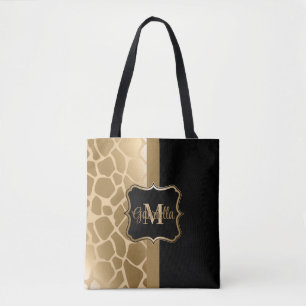 Bolsa Tote Padrão de Girafa Preta e Ouro