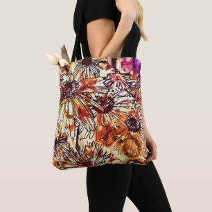 Bolsa Tote Padrão de Girassol com Tinta Abstrata
