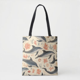 Bolsa Tote Padrão de Golfinho em Aquarela Costeiro Oceano Cor