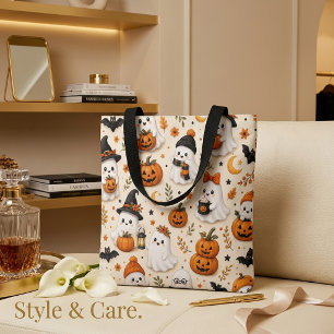 Bolsa Tote Padrão de Halloween de Fantasma Fofo e Abóbora