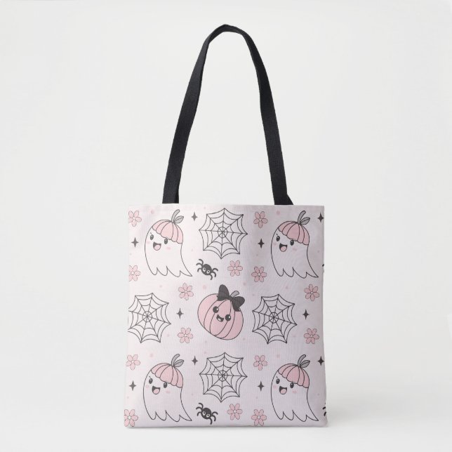 Bolsa Tote Padrão de Halloween Rosa de Kawaii com Fantasma, A (Frente)