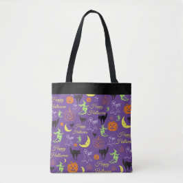 Bolsa Tote Padrão de Halloween Roxo Preto Doces ou Travessura
