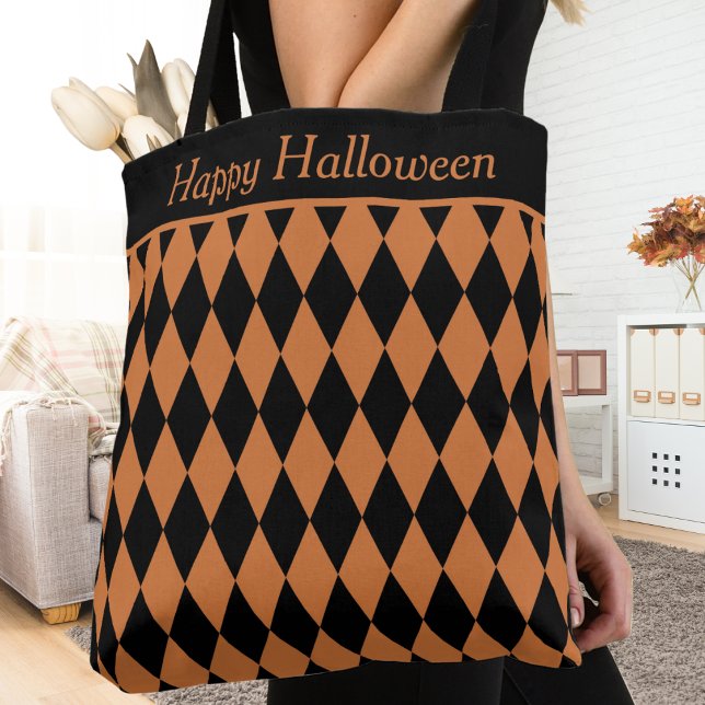 Bolsa Tote Padrão de Harlequin de diamante laranja e preto (Orange and Black Diamond Harlequin Pattern Custom Tote Bag - with Editable Text.)