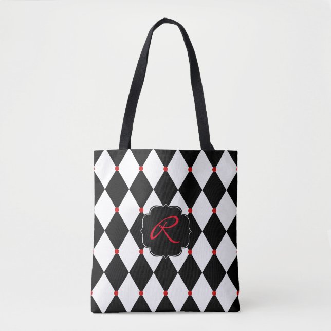 Bolsa Tote Padrão de Harlequin preto e branco com monograma (Frente)