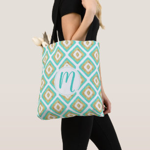 Bolsa Tote Padrão de Ikat Chic Dourado e Turquoise