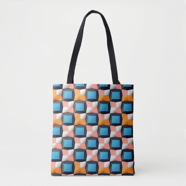 Bolsa Tote Padrão de Ilusão Geométrica 3D Vibrante - Cor Negr (Frente)