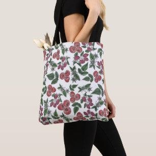 Bolsa Tote Padrão de Ilustração de Folhas de Framboesa Vintag