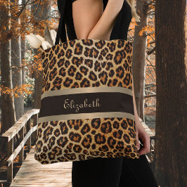 Bolsa Tote Padrão de impressão do leopardo castanho e nome de