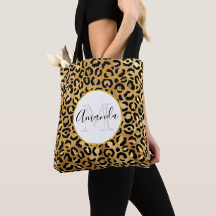 Bolsa Tote Padrão de impressão do leopardo no monograma Doura