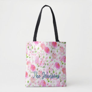 Bolsa Tote Padrão de Jardim Floral de Cor de Água Rosa