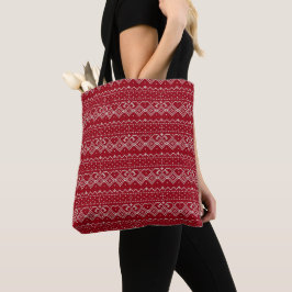 Bolsa Tote Padrão de Knit Escandinavo Vermelho Festivo e Bran