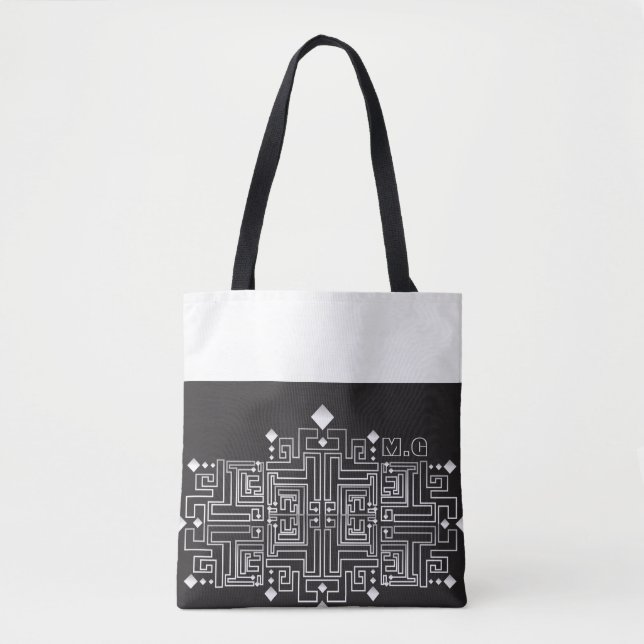 Bolsa Tote Padrão de Labirinto Preto e Branco Monogramado (Frente)