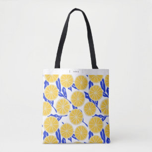 Bolsa Tote Padrão de Laranjas e Folhas Azuis Abstrato