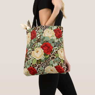 Bolsa Tote Padrão de Leopardo de Luxo e Rosa Vermelha
