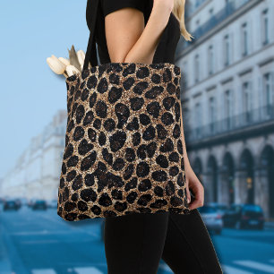 Bolsa Tote Padrão de Leopardo Preto Marrom Dourado Brilhante