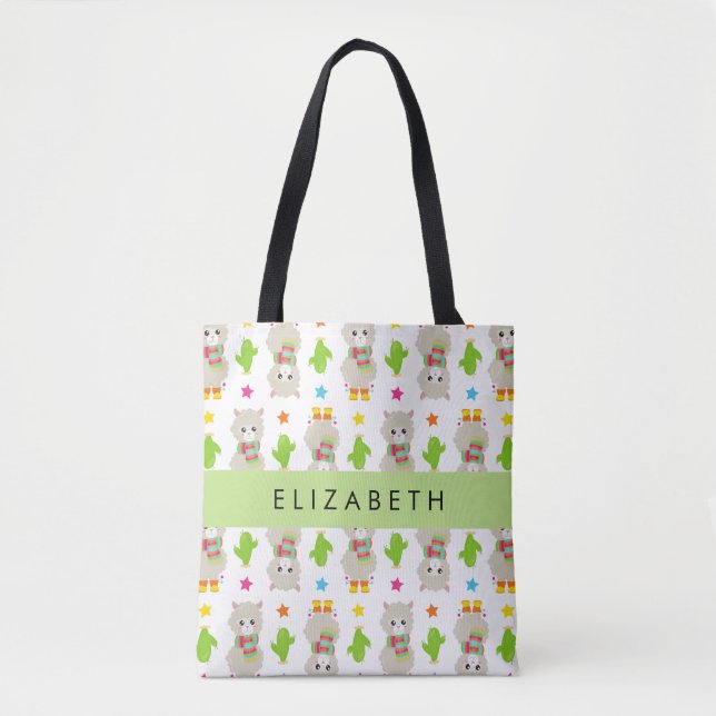 Bolsa Tote Padrão De Lhamas, Alpacas, Cactus, Seu Nome (Frente)