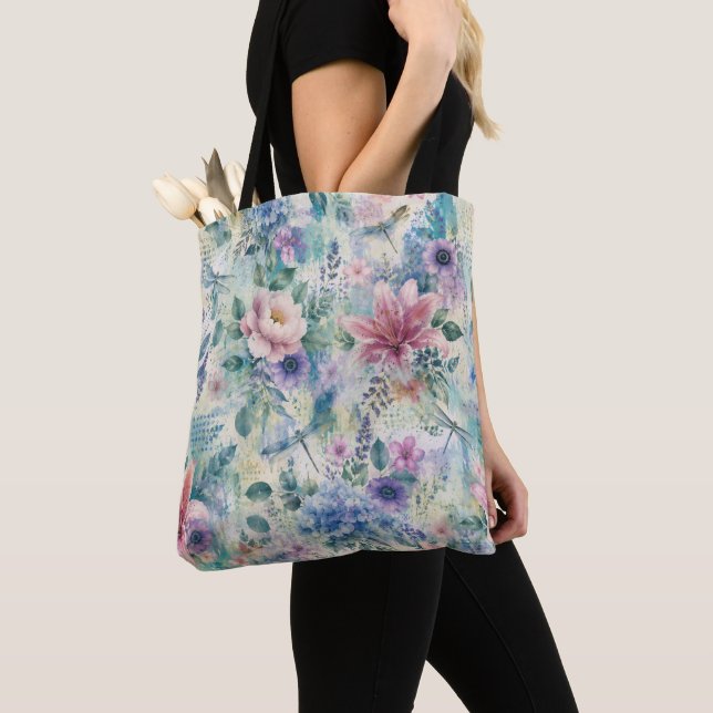 Bolsa Tote Padrão de Libélula Floral em Aquarela (Close Up)