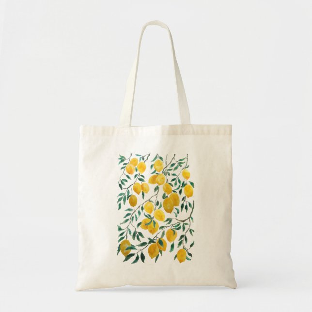 Bolsa Tote padrão de limão amarelo-aquarela (Frente)