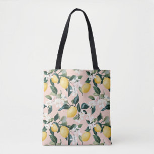 Bolsa Tote Padrão de Limão e Flor Vintage a Rosa