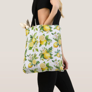 Bolsa Tote Padrão de limão, flores de limão, folhas, citrinos