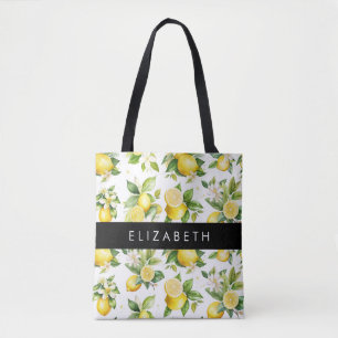 Bolsa Tote Padrão De Limão, Flores De Limão, Folhas, Seu Nome