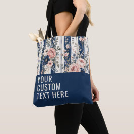 Bolsa Tote Padrão de Listra Floral Azul Marinho de Texto Pers