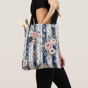 Bolsa Tote Padrão de Listra Floral Azul Marinho em Aquarela