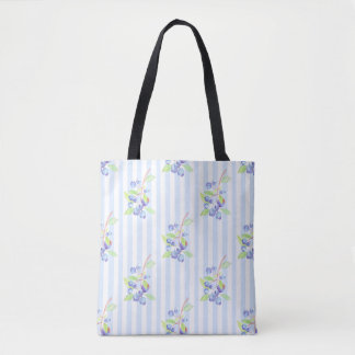 Bolsa Tote Padrão de Listras Botânicas de Mirtilo em Aquarela
