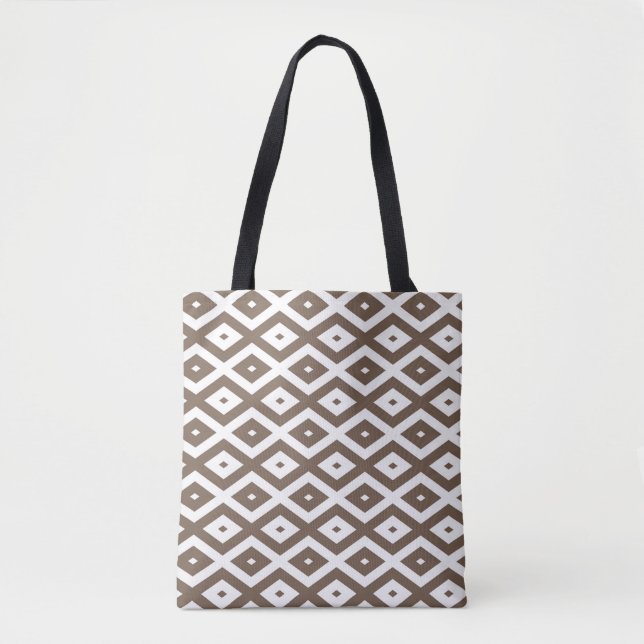 Bolsa Tote Padrão de losango branco e castanho de taupe (Frente)