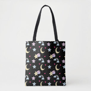 Bolsa Tote Padrão de Lua Branca, Estrelas e Nuvens em Preto