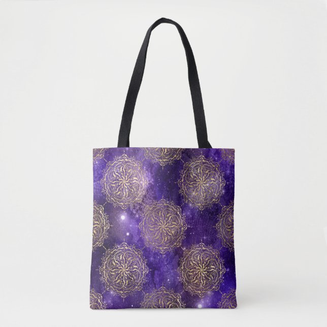 Bolsa Tote Padrão de Mandala Dharma da Galáxia Dourada e Roxa (Frente)