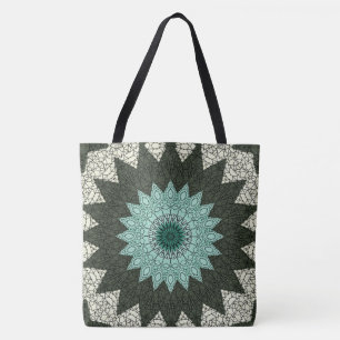 Bolsa Tote Padrão de Mandala Geométrico Azul Turquesa e Verde