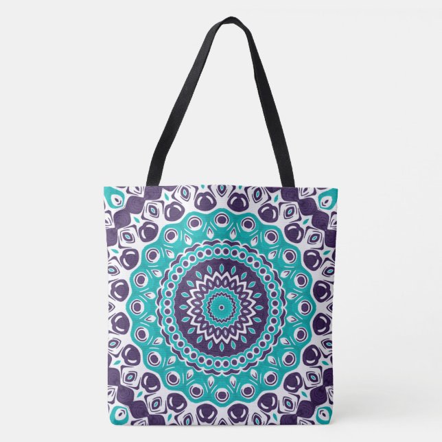Bolsa Tote Padrão de Mandala Ousado em Verde-Azul e Roxo (Frente)
