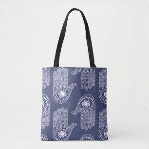 Bolsa Tote Padrão de mão azul e branco de Hamsa / Defesa do