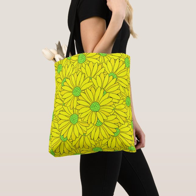 Bolsa Tote Padrão de margarida amarela e Abstrato verde (Close Up)