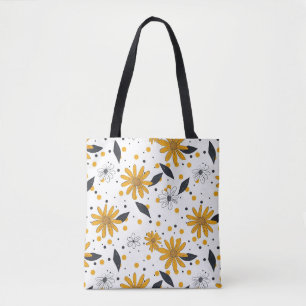 Bolsa Tote Padrão de margarida amarela e branca com folhas es