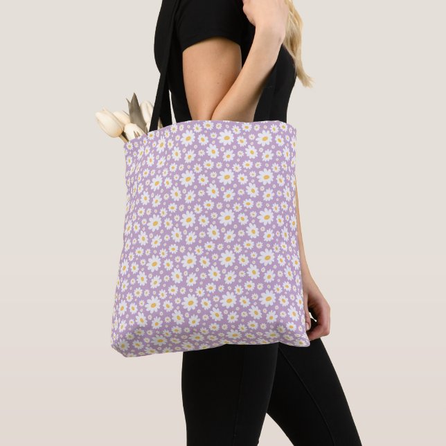 Bolsa Tote Padrão de Margarida Desenhado à Mão com Lavanda (Close Up)