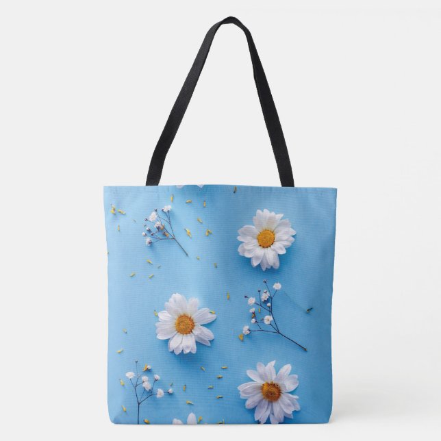Bolsa Tote Padrão de margarida floral - Azul claro (Frente)