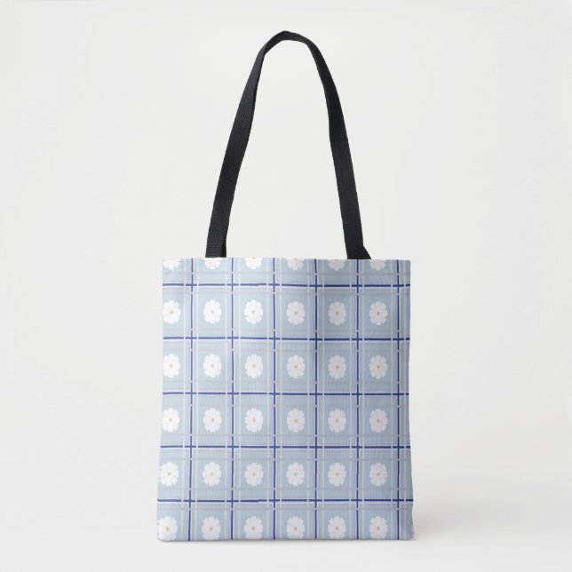 Bolsa Tote Padrão de Margarida Xadrez Azul (Frente)
