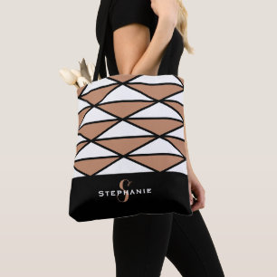 Bolsa Tote Padrão de Monograma Moderno Fofo em Laranja e Pret