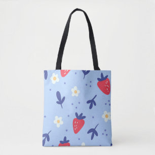 Bolsa Tote Padrão de Morango Fofo e Flor de Primavera no Azul