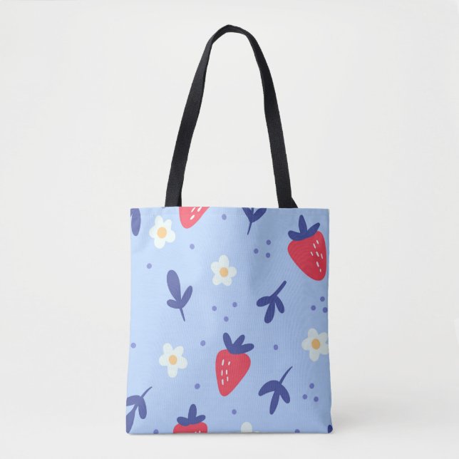 Bolsa Tote Padrão de Morango Fofo e Flor de Primavera no Azul (Frente)