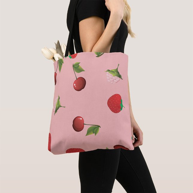Bolsa Tote Padrão de Morango Vermelho e Cereja Fruta Rosa (Criador carregado)