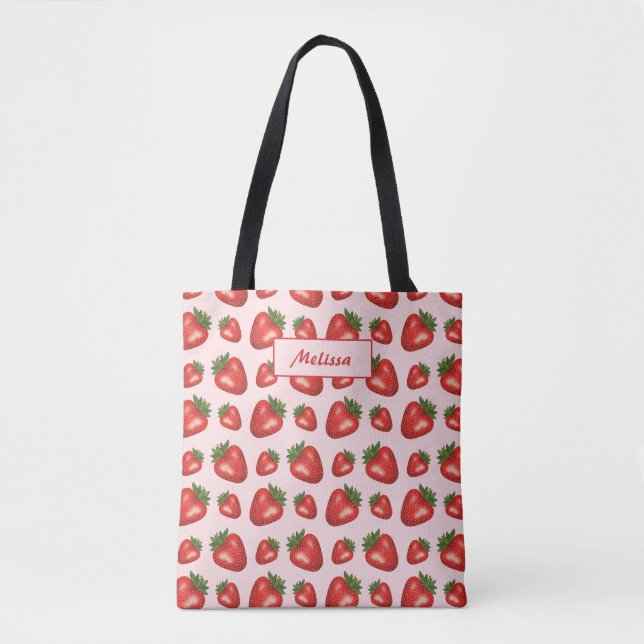 Bolsa Tote Padrão de Morango Vermelho em Rosa com Texto Perso (Frente)