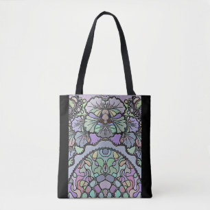 Bolsa Tote Padrão de mosaico de pansos abstrato púrpura flora