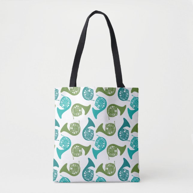 Bolsa Tote Padrão de Música Verde Azul do Jogador Horn Francê (Frente)