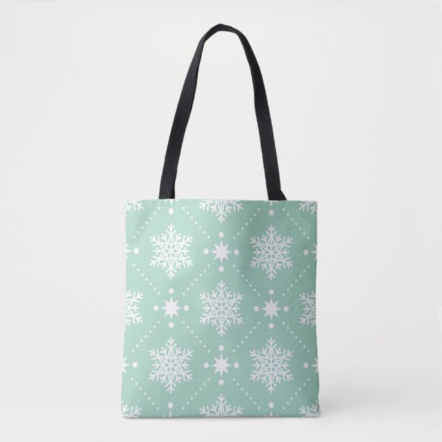 Bolsa Tote Padrão de Natal dos Flocos de Neve Brancos de Mint (Frente)
