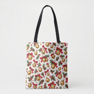 Bolsa Tote Padrão de Natal em aquarela com sinos e pinheiro