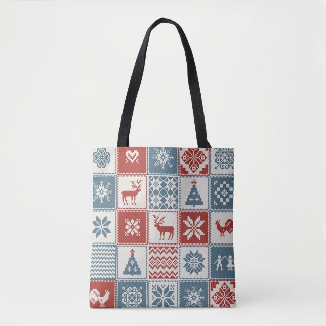 Bolsa Tote Padrão de Natal no estilo de retalhos. Tradicional (Frente)